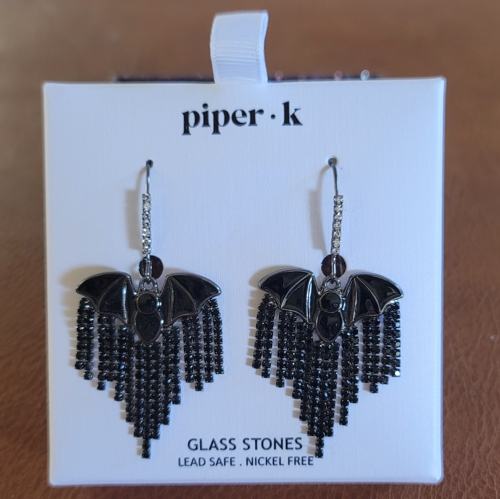 Piper K Black Bat Earrings with Glass Stones